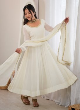 Chanderi Silk Anarkali Suit with Beads Work in Off White