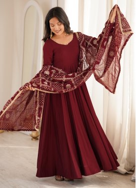Chanderi Silk Anarkali Suit with Embroidered Work for Women in Maroon