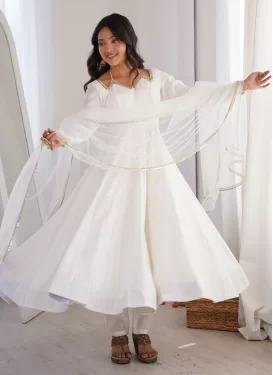 Chanderi Silk Anarkali Suit with Lace Work for Women in Off White