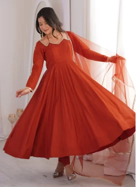 Chanderi Silk Anarkali Suit with Lace Work for Women in Orange
