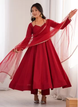 Chanderi Silk Anarkali Suit with Mirror Work in Red for Festival