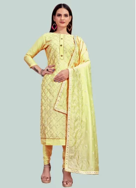 Chanderi Silk Churidar Suit in Yellow with Embroidered Work for Ceremonial