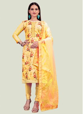 Chanderi Silk Churidar Suit with Digital Print Work for Festival in Mustard