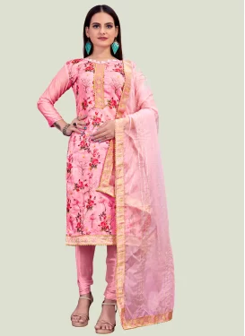 Chanderi Silk Churidar Suit with Digital Print Work for Women in Pink
