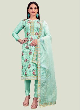 Chanderi Silk Churidar Suit with Digital Print Work for Women in Turquoise
