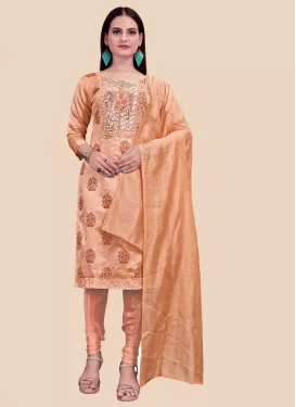 Chanderi Silk Churidar Suit with Digital Print Work in Peach