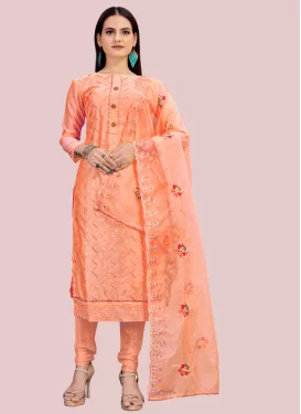 Chanderi Silk Churidar Suit with Embroidered Work for Ceremonial in Peach