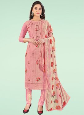 Chanderi Silk Churidar Suit with Embroidered Work for Ceremonial in Salmon