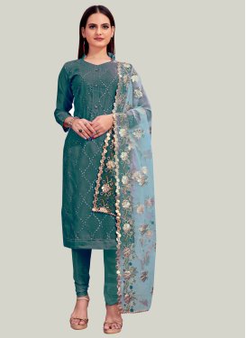 Chanderi Silk Churidar Suit with Embroidered Work for Festival in Teal