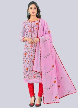 Chanderi Silk Churidar Suit with Embroidered Work for Women in Lavender and Red