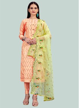 Chanderi Silk Churidar Suit with Embroidered Work for Women in Peach