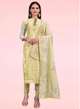 Chanderi Silk Churidar Suit with Embroidered Work in Cream for Ceremonial