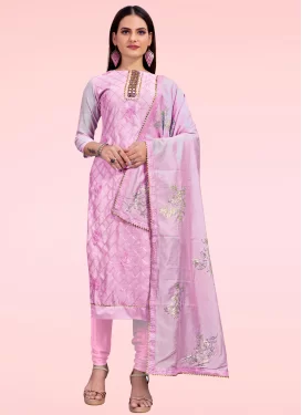 Chanderi Silk Churidar Suit with Embroidered Work in Lavender for Ceremonial