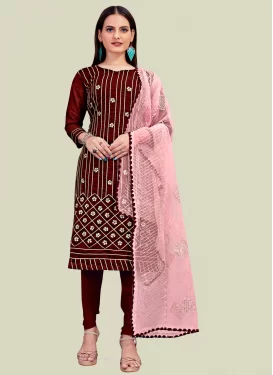 Chanderi Silk Churidar Suit with Gota Patti Work for Ceremonial in Maroon