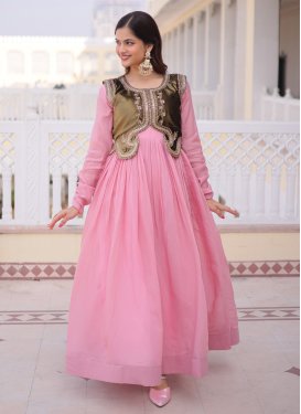 Chanderi Silk Designer Gown with Embroidered Work in Pink