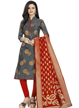 Chanderi Silk Grey and Red Woven Work Trendy Designer Salwar Suit