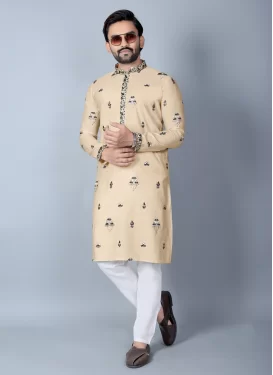 Chanderi Silk Kurta Pajama in Cream and White with Embroidered Work for Men