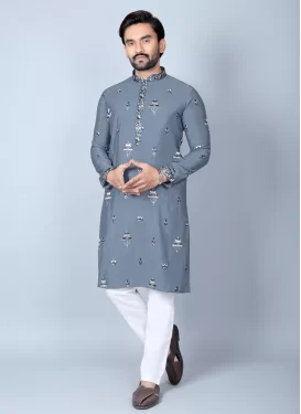 Chanderi Silk Kurta Pajama with Embroidered Work in Grey and White for Festival