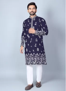 Chanderi Silk Kurta Pajama with Embroidered Work in Navy Blue and White