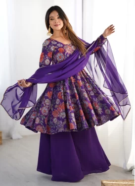 Chanderi Silk Palazzo Suit with Digital Print Work for Women in Purple