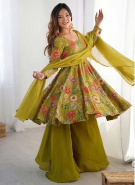 Chanderi Silk Palazzo Suit with Digital Print Work in Olive for Party