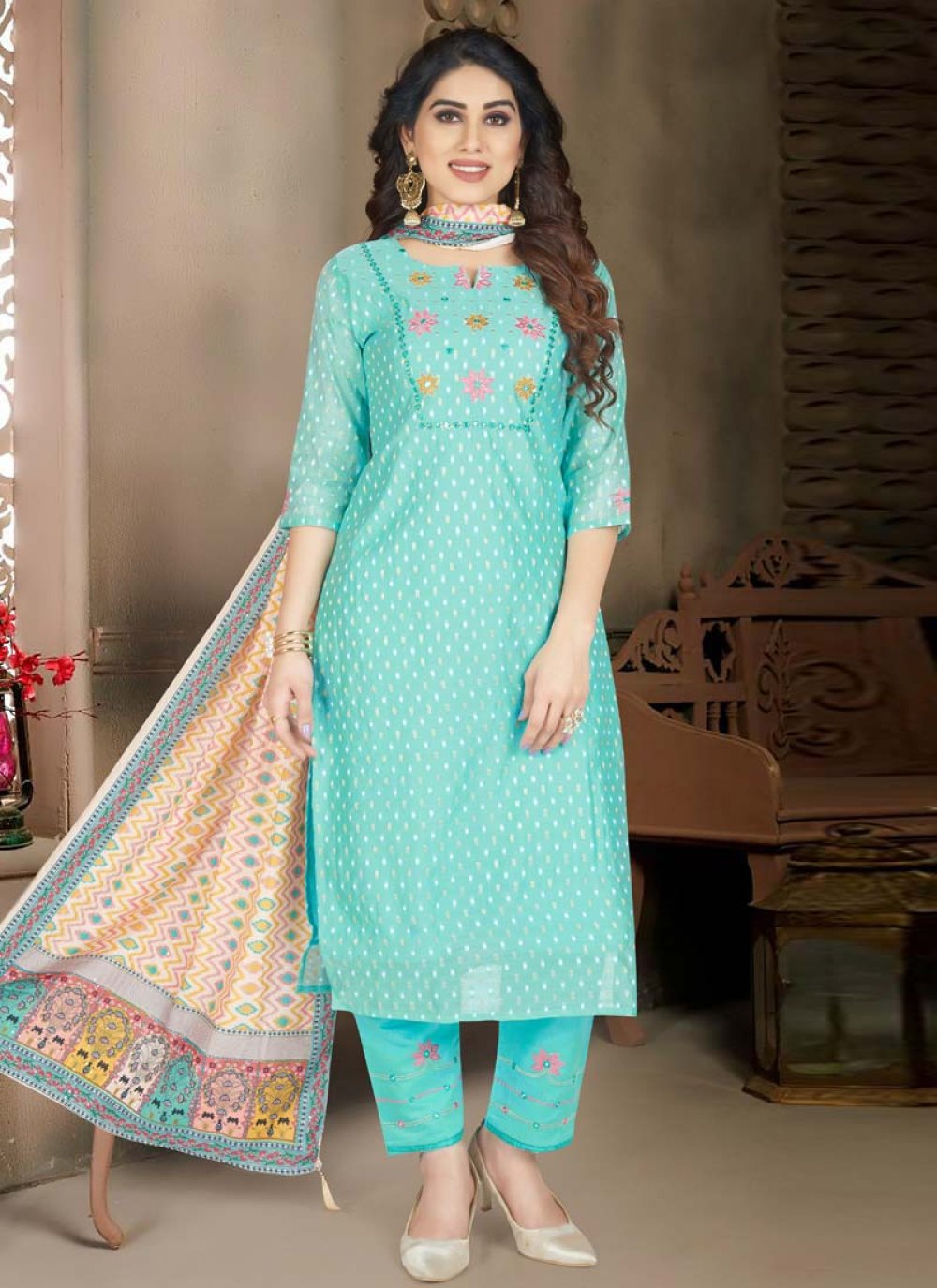 Self Design Semi Stitched Chanderi Suit, Straight, Grey at Rs 749 in Surat