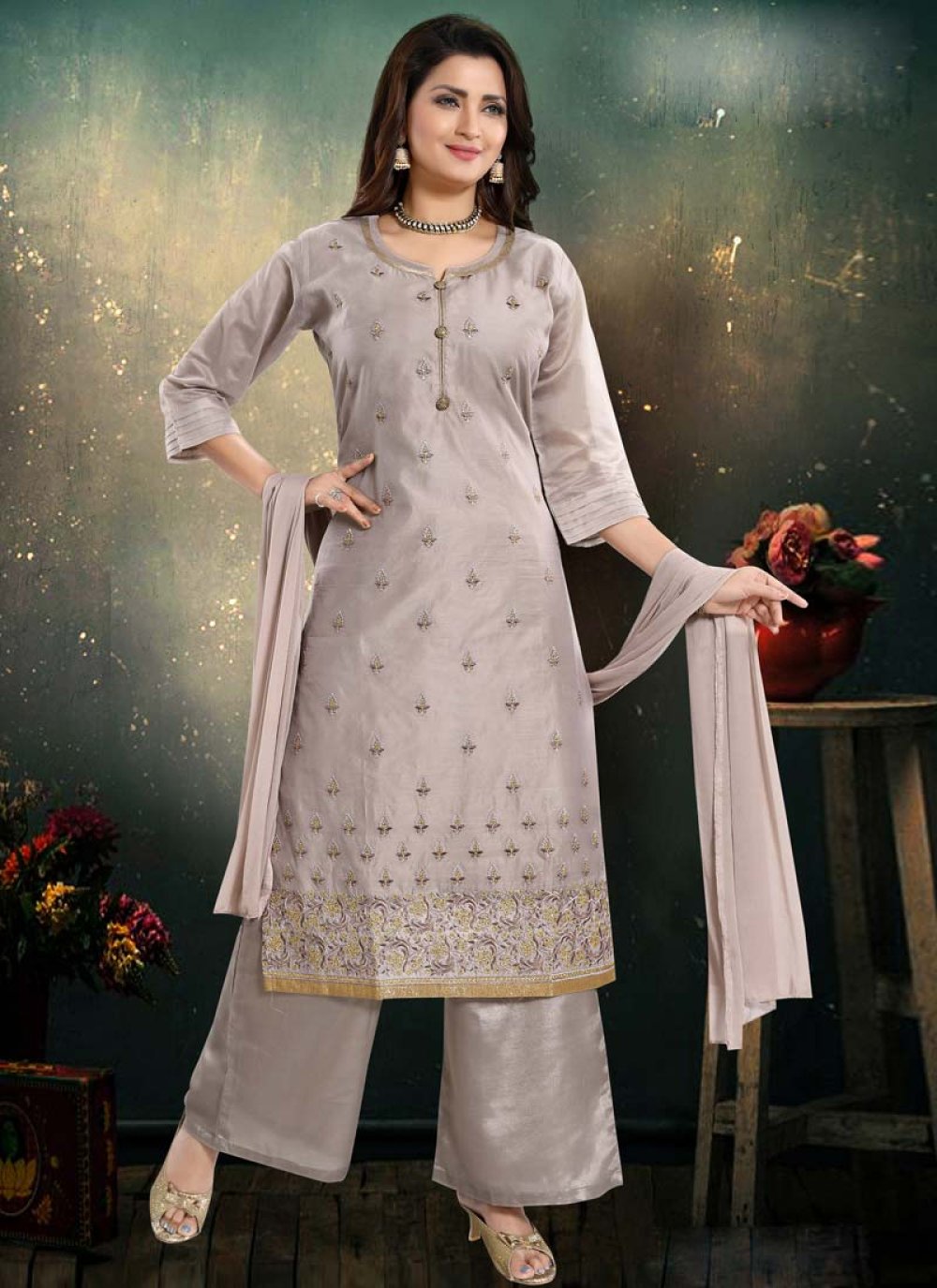 TRENDMALLS Women's Off white Cotton Sequence Embroidery Party Wear Kurta  Pant with Dupatta Salwar Suit Set - Trendmalls - 4211465