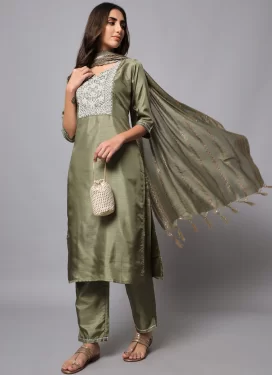 Chanderi Silk Readymade Salwar Suit in Olive with Embroidered Work for Festival
