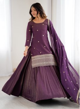 Chanderi Silk Readymade Salwar Suit in Purple with Embroidered Work for Women