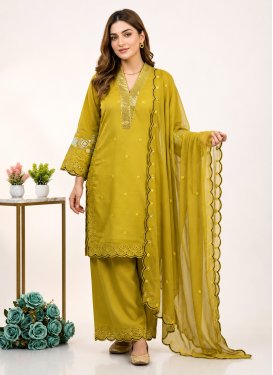 Chanderi Silk Readymade Salwar Suit with Embroidered Work for Party in Mustard