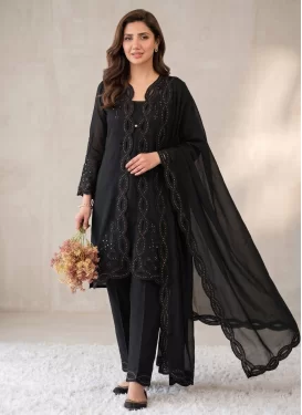 Chanderi Silk Readymade Salwar Suit with Embroidered Work for Women in Black