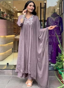 Chanderi Silk Readymade Salwar Suit with Embroidered Work in Lavender