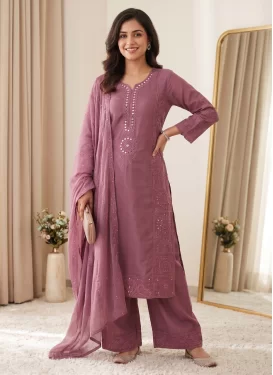 Chanderi Silk Readymade Salwar Suit with Embroidered Work in Mauve Pink