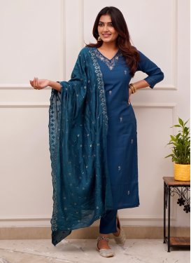 Chanderi Silk Readymade Salwar Suit with Embroidered Work in Teal
