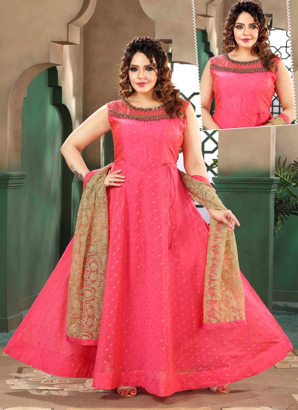Chanderi Silk Resham Work Readymade Long Length Gown