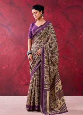 Chanderi Silk Traditional Saree in Cream and Purple with Digital Print Work for Women