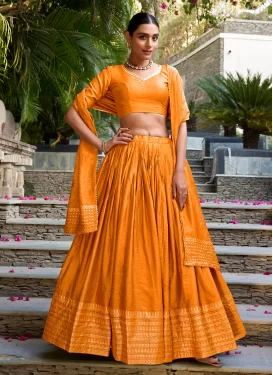 Chanderi Silk Trendy Lehenga Choli with Foil Print Work in Orange for Festival