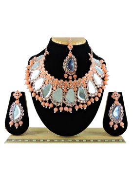 Charismatic Alloy Gold Rodium Polish Peach and White Beads Work Necklace Set