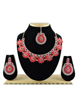Charismatic Alloy Gold Rodium Polish Red and White Stone Work Necklace Set