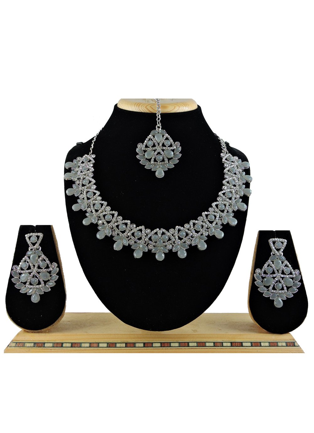 Charismatic Alloy Silver Rodium Polish Grey and Silver Color Stone Work Necklace Set