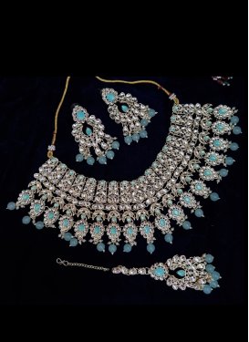 Charismatic Alloy Silver Rodium Polish Light Blue and White Beads Work Necklace Set