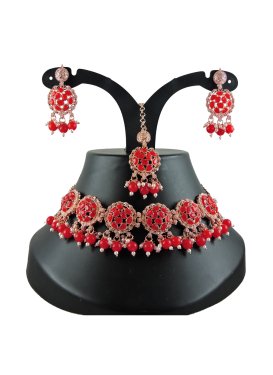 Charismatic Beads Work Gold and Red Alloy Necklace Set