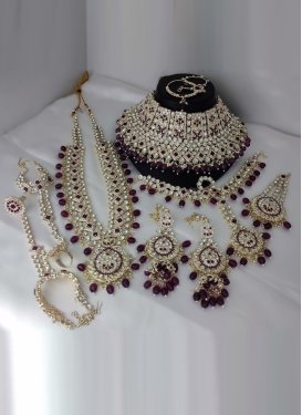 Charismatic Beads Work Purple and White Gold Rodium Polish Necklace Set