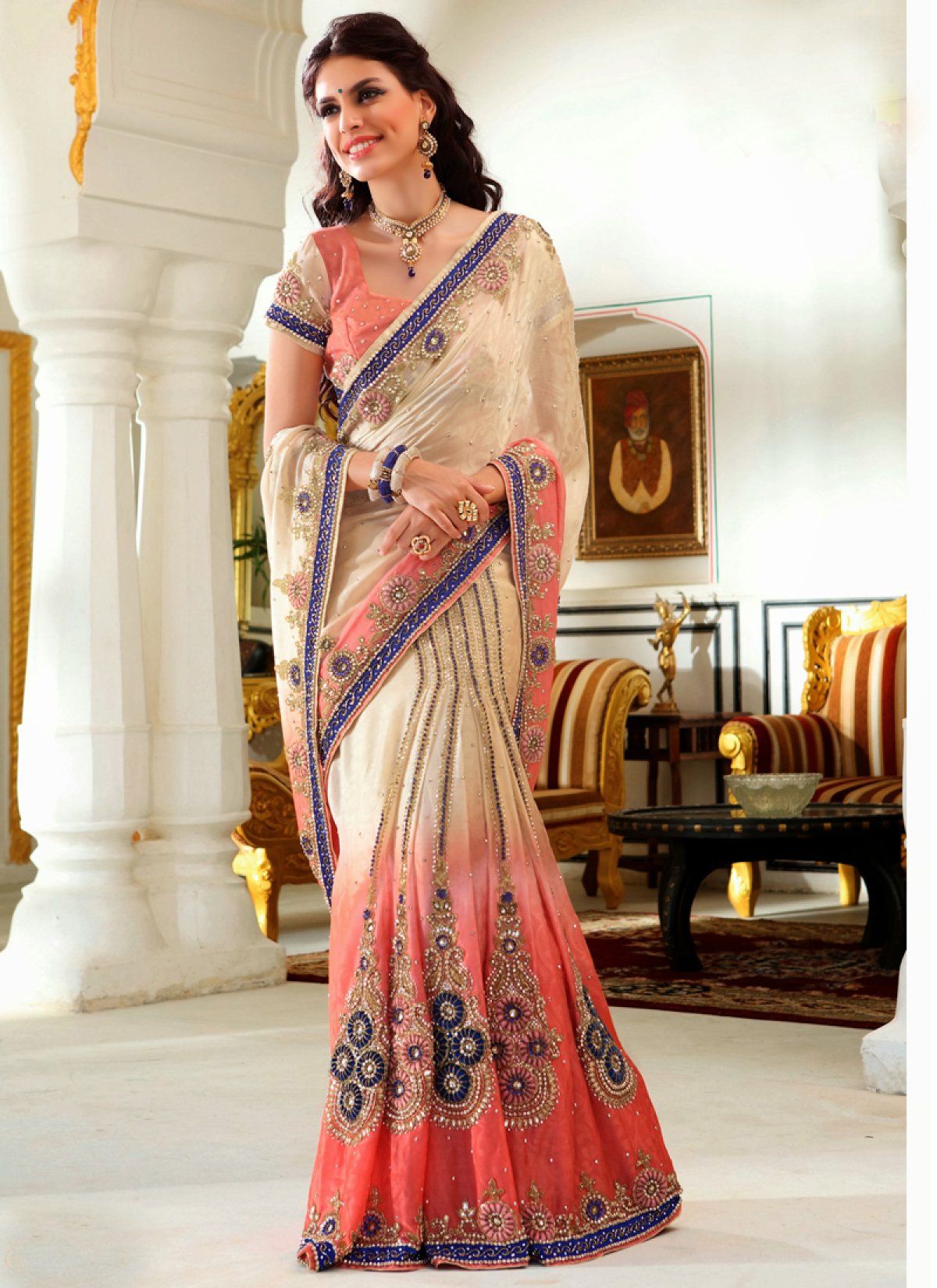 Charismatic Beige And Peach Wedding Saree