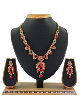 Charismatic Gold and Red Alloy Gold Rodium Polish Necklace Set For Bridal