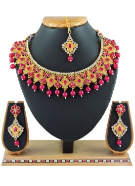 Charismatic Gold and Rose Pink Beads Work Alloy Gold Rodium Polish Necklace Set