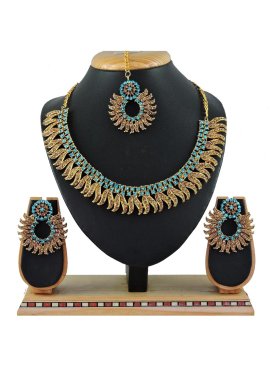 Charismatic Gold and Turquoise Alloy Gold Rodium Polish Necklace Set For Ceremonial