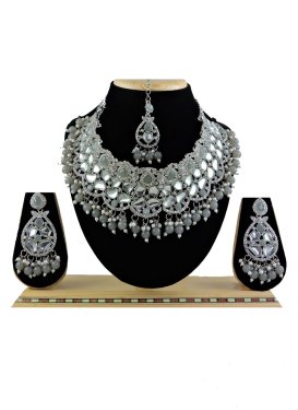 Charismatic Grey and Silver Color Beads Work Alloy Silver Rodium Polish Necklace Set