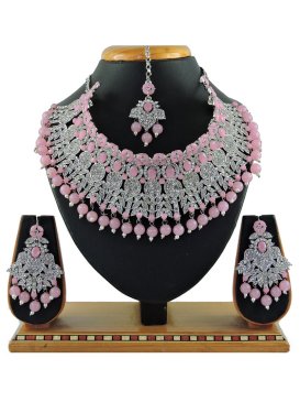 Charismatic Pink and Silver Color Beads Work Alloy Silver Rodium Polish Necklace Set