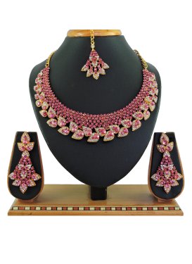 Charming Alloy Stone Work Rose Pink and White Necklace Set
